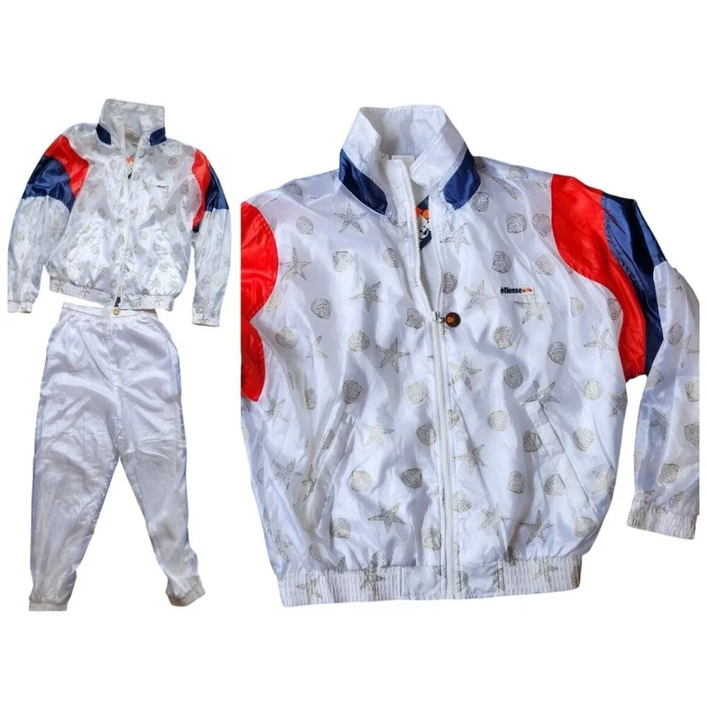 Vintage Ellesse Nautical Nylon Tracksuit White Red‎ Blue 1980s